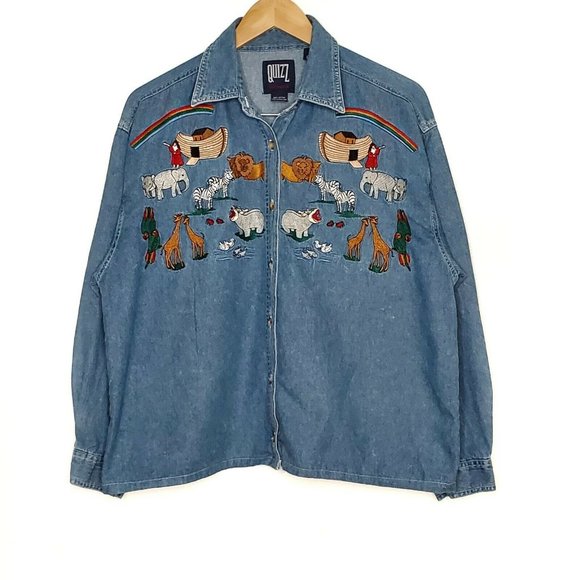 Vintage Quizz Woman Chambray Button Shirt Noah’s Ark Animals - Picture 1 of 6